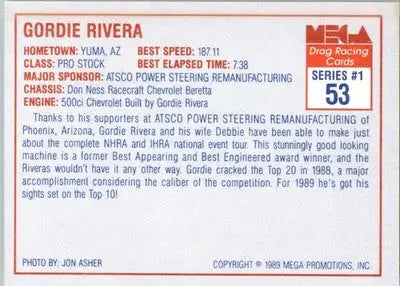 Gordie Riviera - 1989 Mega Drag - #53 - Racing - Racing Card Single