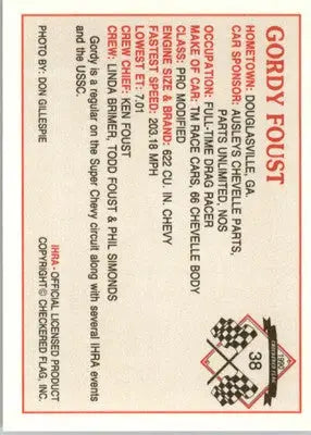 Gordy Foust - 1990 Checkered Flag IHRA - #38 - Racing - Racing Card Single