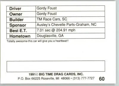 Gordy Foust - 1991 Big Time Drag - #60 - Racing - Racing Card Single