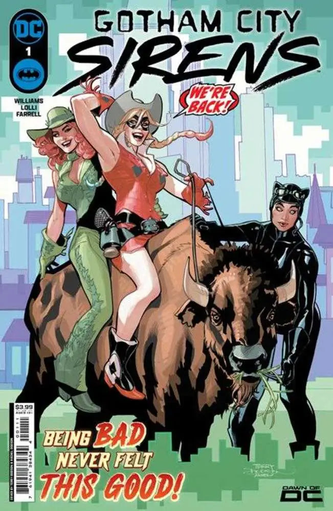 Comic book cover of Gotham City Sirens with characters riding horses in the city