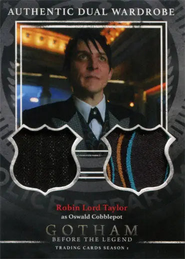 Trading card of Robin Lord Taylor as Oswald Cobblepot from Gotham with fabric swatch spaces
