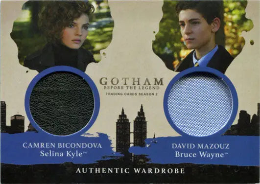 Trading card showcasing costume fabric swatches from Gotham Season 2 featuring Selina Kyle and Bruce Wayne