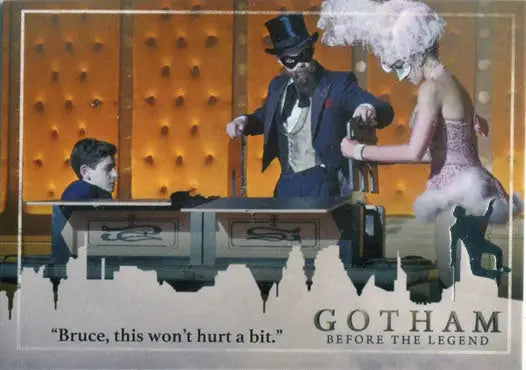 Trading card featuring Gotham scene with characters in period costume and Penguin Deco Foil