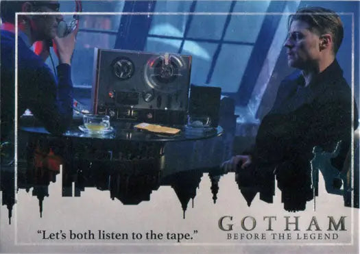 Vintage reel-to-reel tape recorder between two people in Gotham Season 2 Penguin Deco Foil