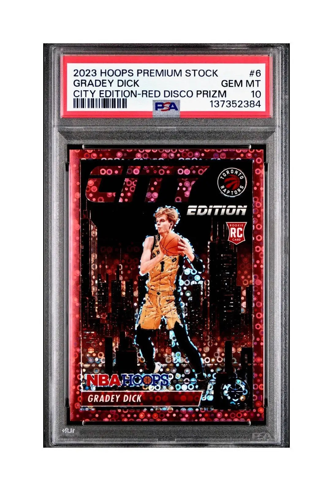 Gradey Dick 2023 Panini Hoops Premium City Edition #6 Red Disco Prizm PSA 10 Gem - Basketball Card Single