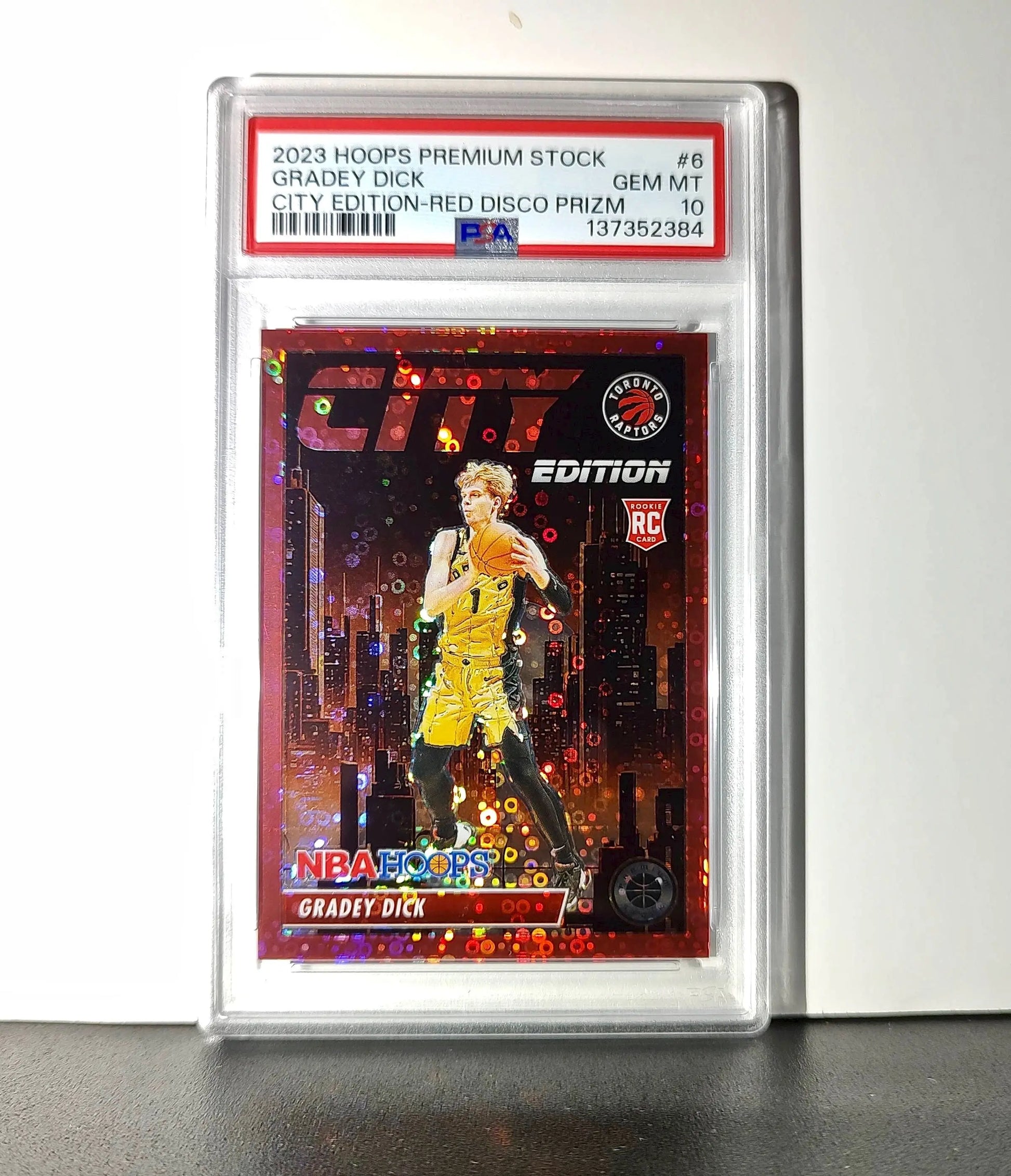 Gradey Dick 2023 Panini Hoops Premium City Edition #6 Red Disco Prizm PSA 10 Gem - Basketball Card Single
