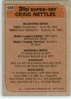 Graig Nettles - 1983 Topps - #636 - Baseball - Baseball Card Single