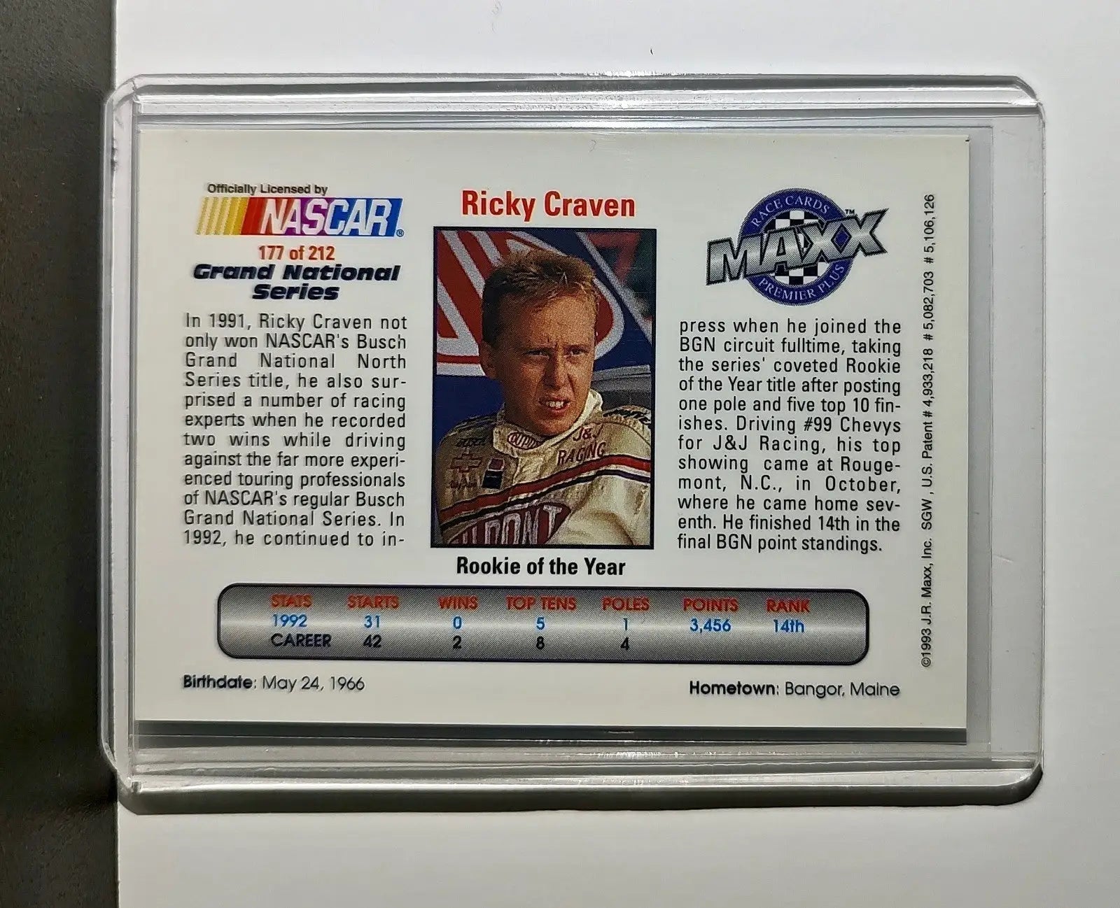 Grand National Rookie ROY 1993 Maxx Premier Plus Racing #177 NASCAR Card
