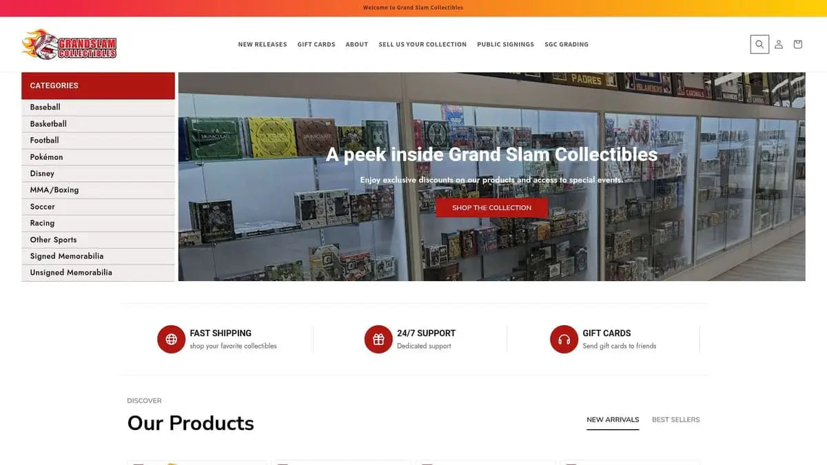 Grand Slam Collectibles homepage with baseball card shop categories