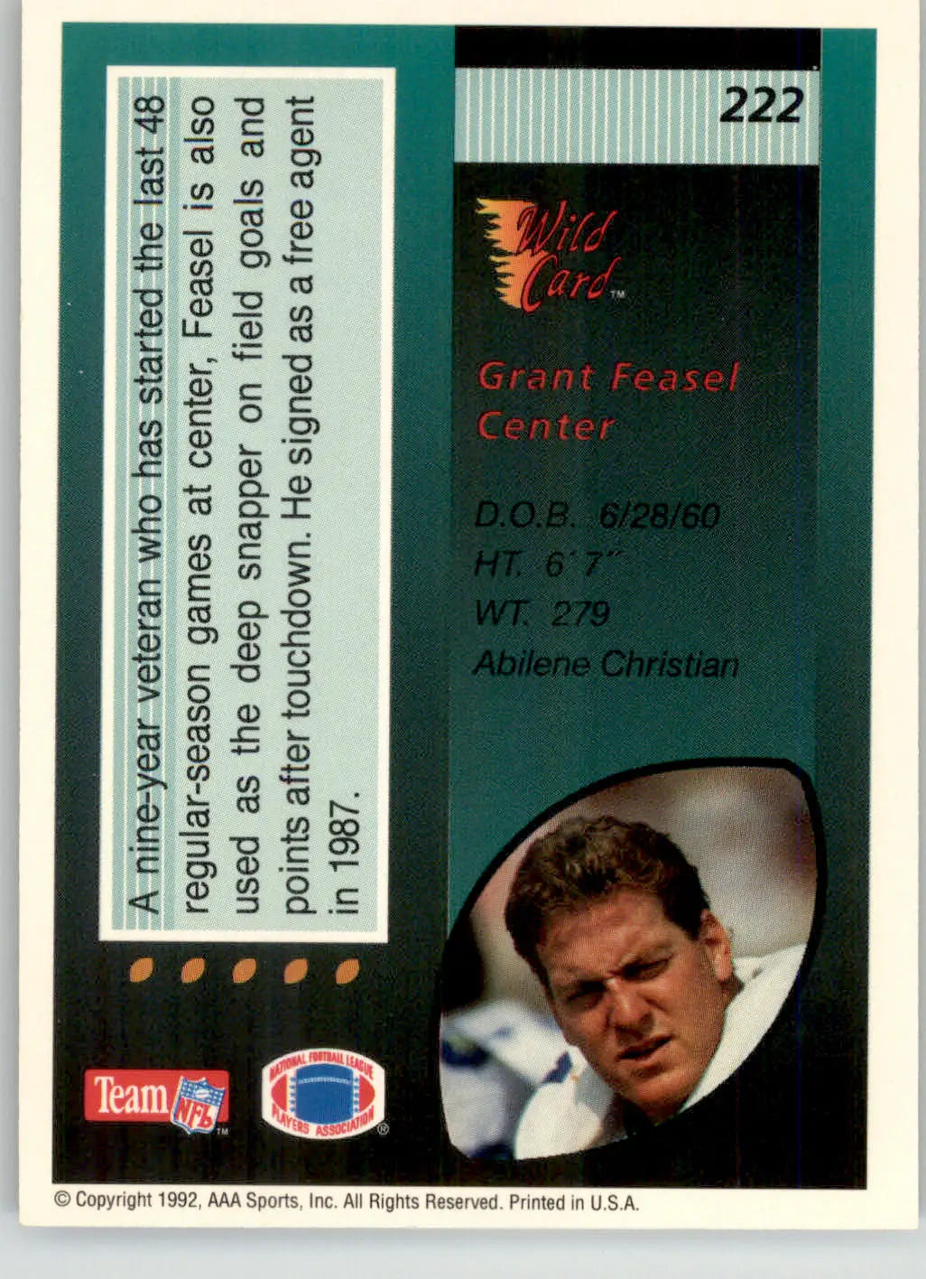 Grant Feasel - 1992 Wild Card - #222 - Football - Football Card Single