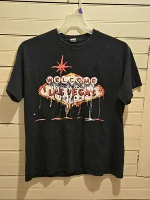 Graphic Shirt Mens L Black Welcome Las Vegas Dripping Sign Short Sleeve Tee - Apparel