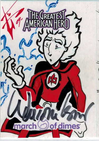 Stylized cartoon superhero in red costume with 46 on chest, Benjamin Glendenning Autograph Card