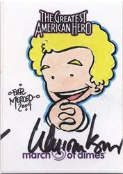 Cartoon drawing of blonde figure winking for William Katt Autograph Card featuring Eric Merced