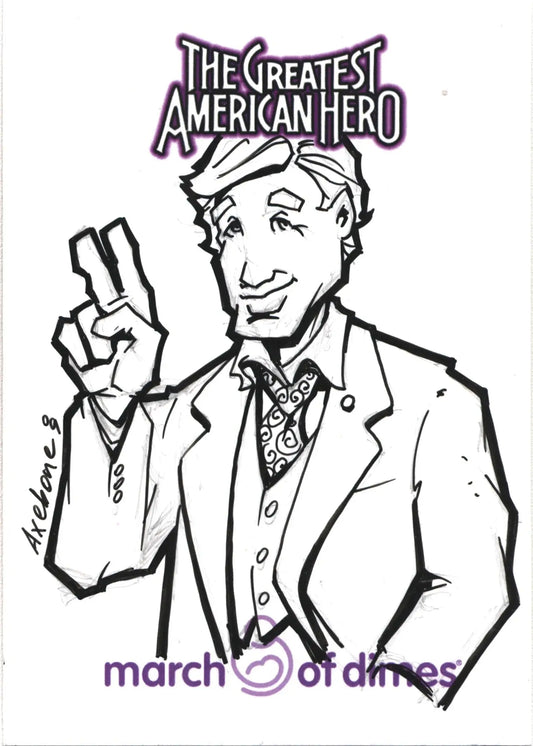 Cartoon-style sketch card of a smiling man in a suit with a peace sign gesture