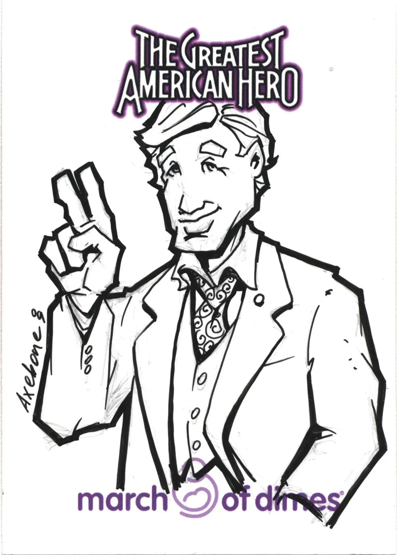 Cartoon-style sketch card of a smiling man in a suit with a peace sign gesture