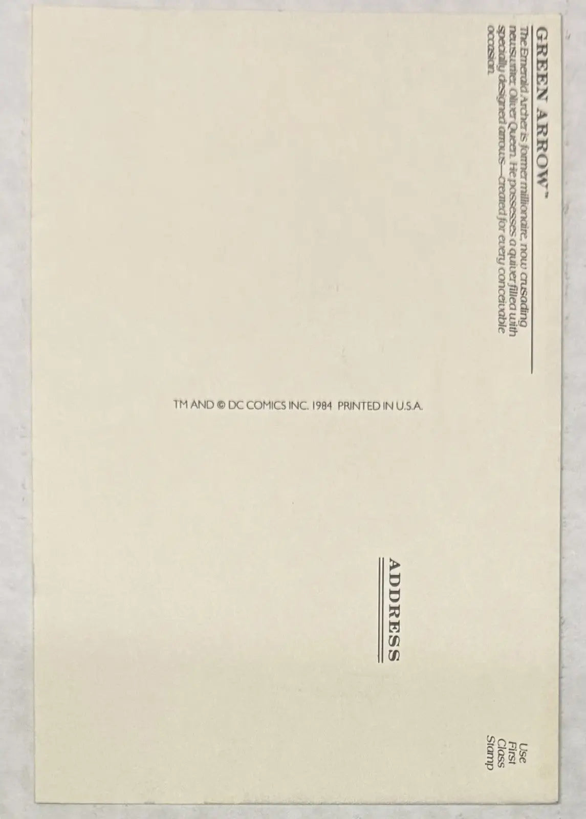 Green Arrow Postcard Unposted 1984 DC Comics - Entertainment Memorabilia