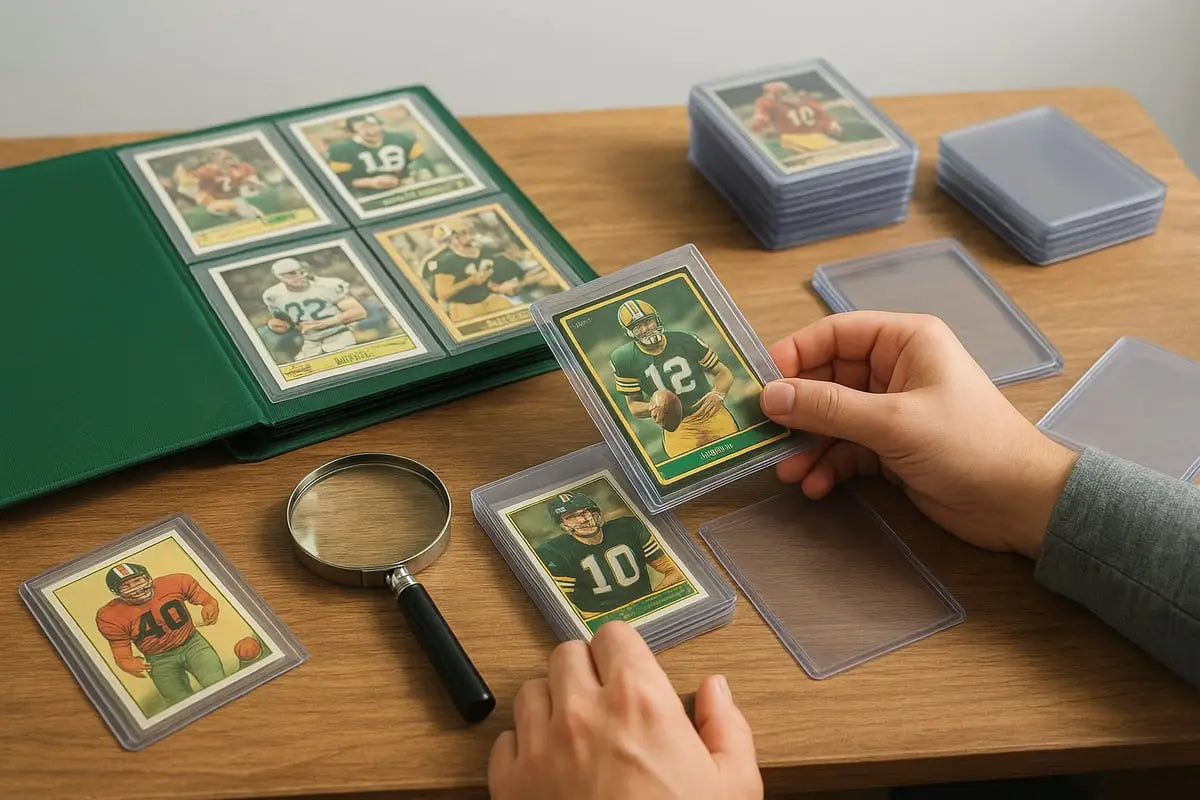 Green Panini football cards album with magnifying glass