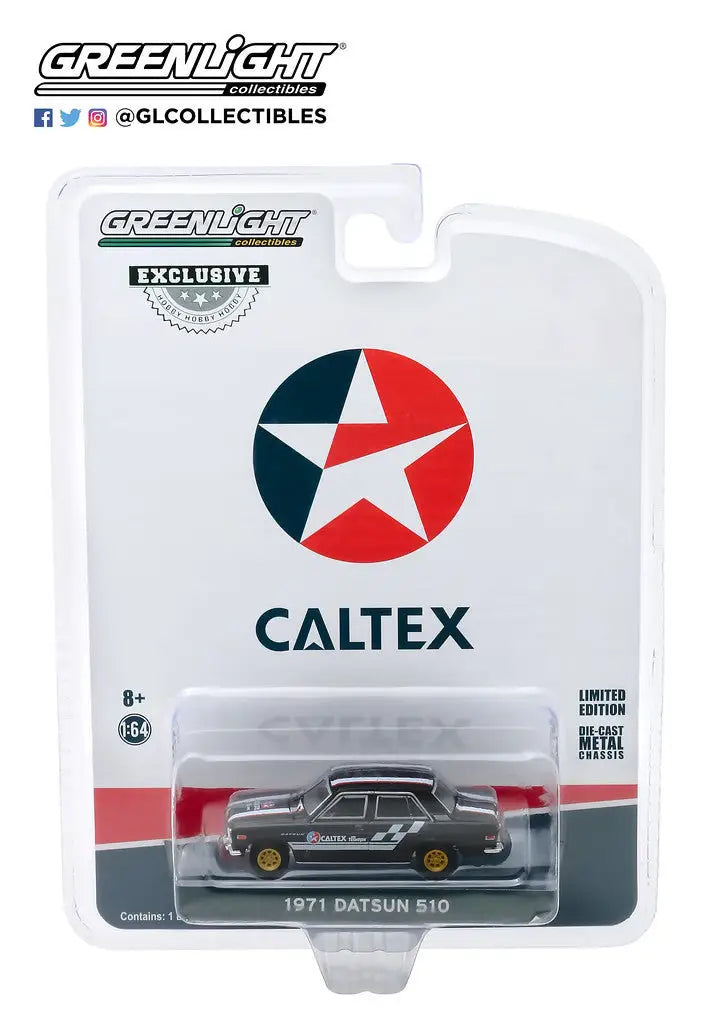 Die-cast model of a 1971 Datsun 510 in Caltex packaging, a hobby exclusive collectible