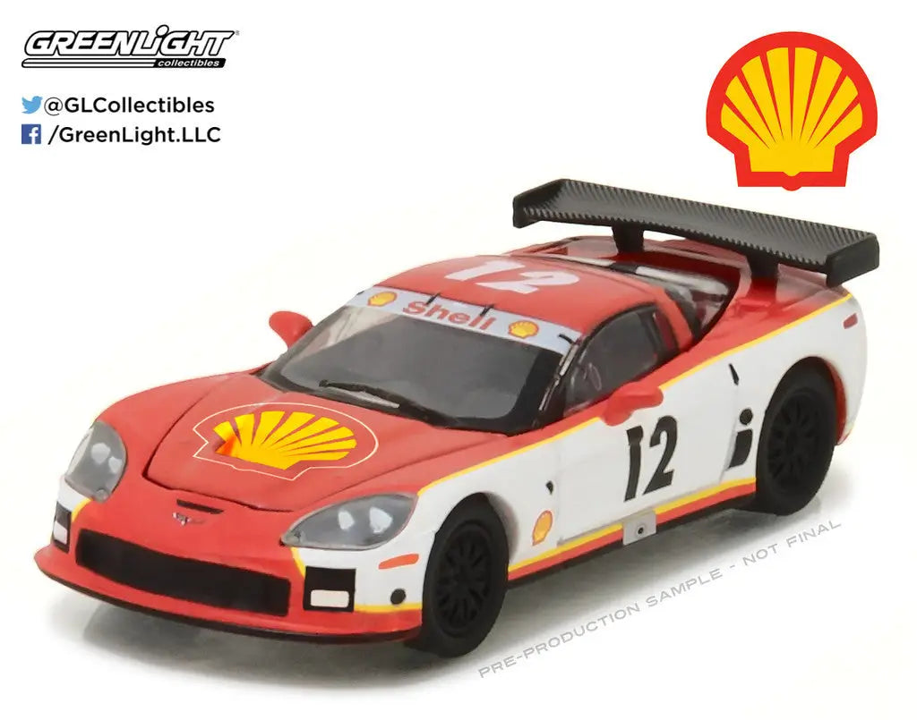 Red and white Shell-branded Chevrolet Corvette C6R model with number 12 in 1:64 scale