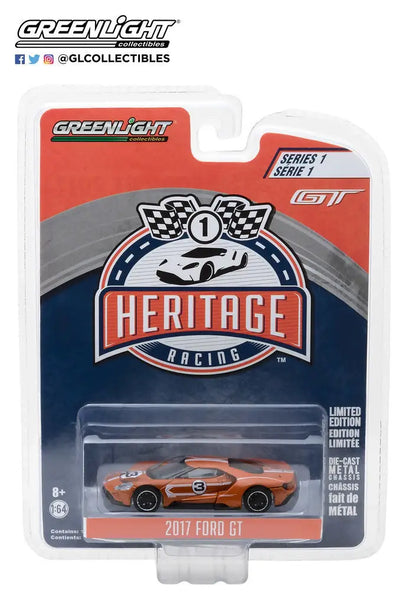 Die-cast model of orange 2017 Ford GT Racing car in packaging, Racing Heritage Series