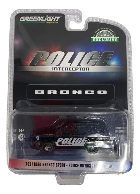Die-cast model of a 2021 Ford Bronco Sport Police Interceptor in packaging