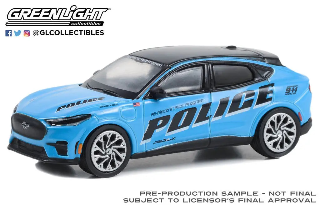 Blue and black Ford Mustang Mach-E police vehicle in Greenlight 1:64 Hobby Exclusive