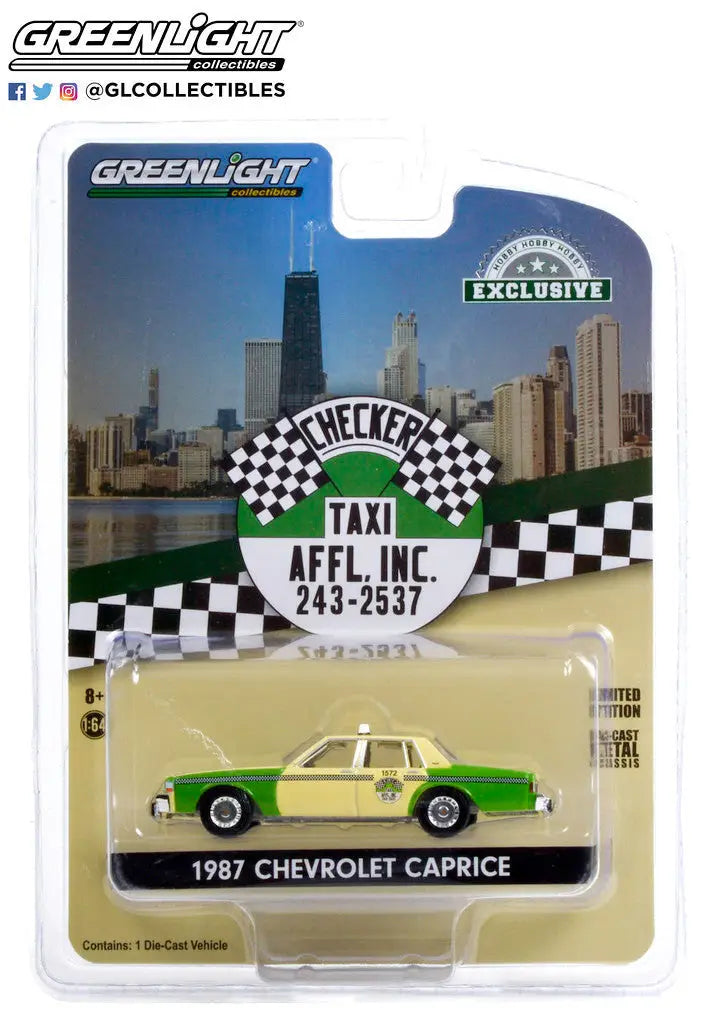 Die-cast model of a 1987 Chevrolet Caprice Checker Taxi in green and yellow, Hobby Exclusive