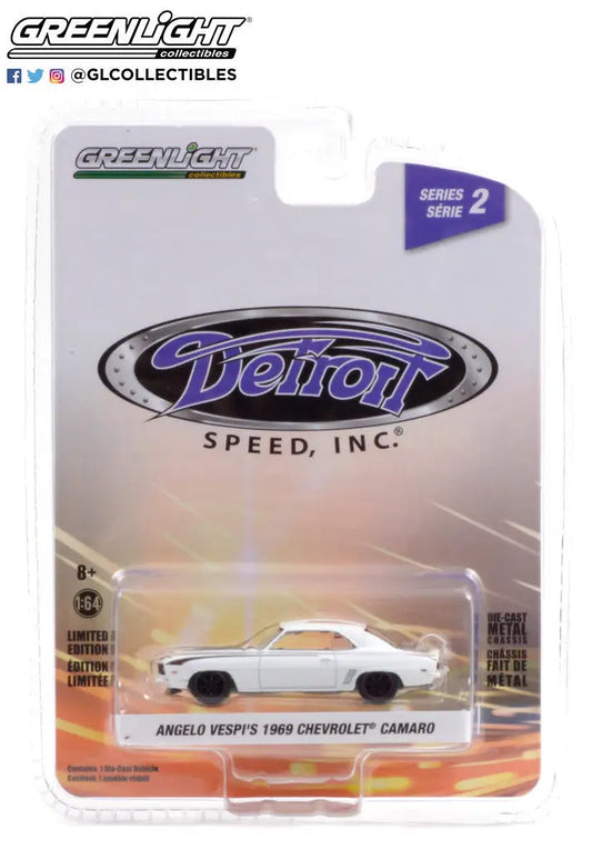 Die-cast model of a white 1969 Chevrolet Camaro from Detroit Speed series by GreenLight
