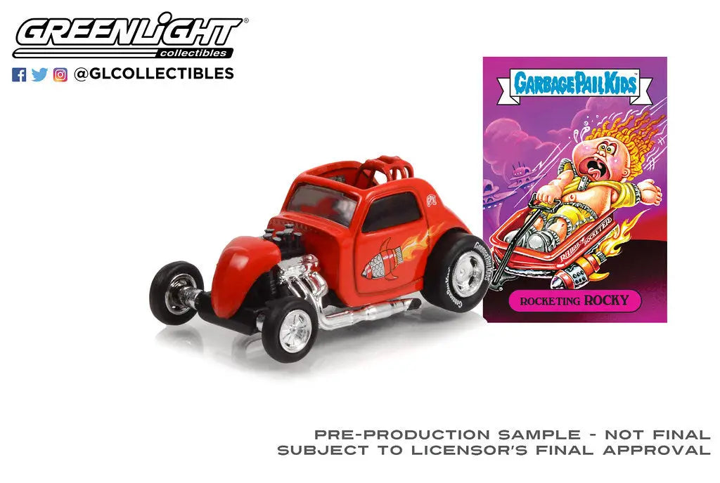 Red hot rod-style toy car with oversized wheels from Garbage Pail Kid Topo Fuel Altered