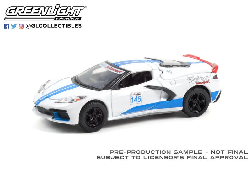 White Chevrolet Corvette C8 Stingray model with blue and red racing stripes in Muscle Series