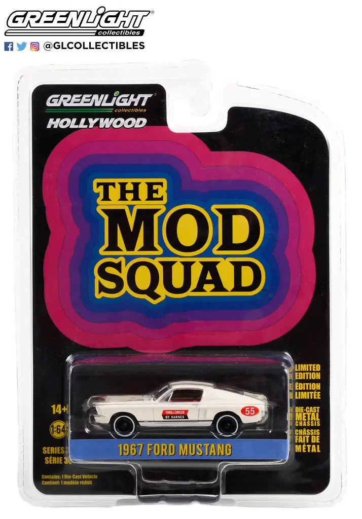Packaged die-cast model car of a 1967 Ford Mustang from The Mod Squad Hollywood Series