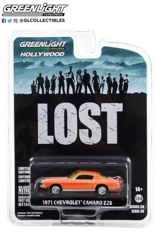 Die-cast model of a Chevrolet Camaro Z28 in orange from Greenlight Hollywood Series