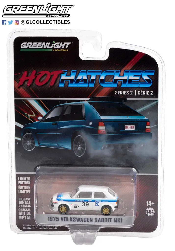 Die-cast model car of a 1975 Volkswagen Rabbit MK1 in Hot Hatches Series packaging