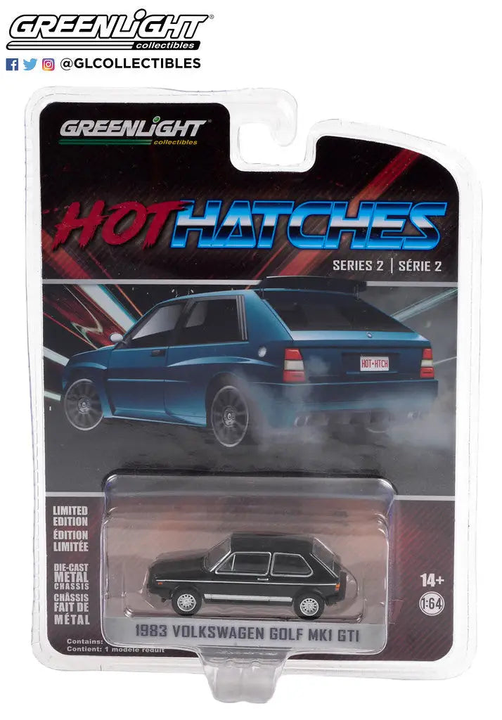 Die-cast model car of a 1983 Volkswagen Golf MK1 GTI in Greenlight Hot Hatches Series packaging