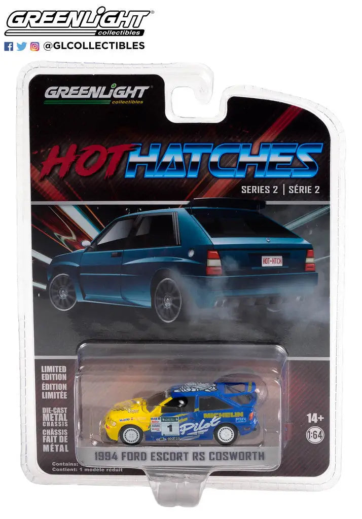 Die-cast model of a yellow and blue Ford Escort RS Cosworth from Hot Hatches Series