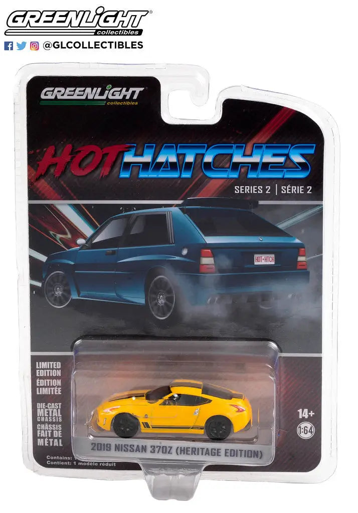 Yellow die-cast Nissan GT-R in packaging from Greenlight Hot Hatches Series 2