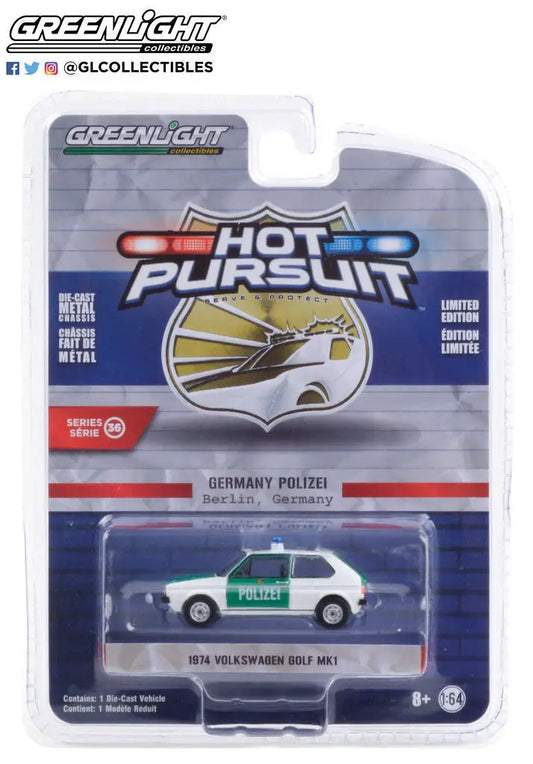 Toy model of a green and white Volkswagen Golf MK1 German Polizei in packaging from Hot Pursuit Series