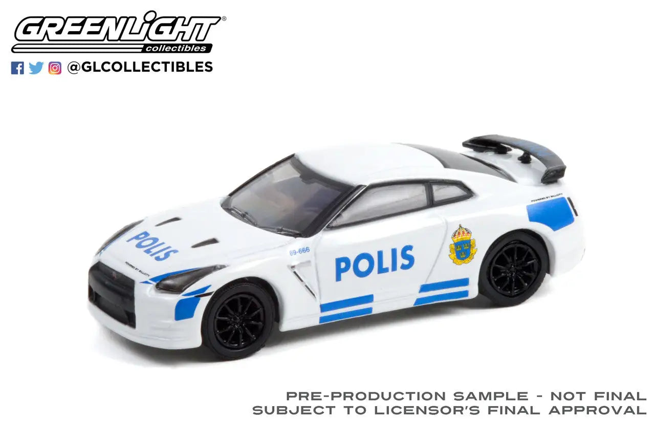 White and blue police-themed model car in Hot Pursuit Series 40, 2014 Nissan GT-R