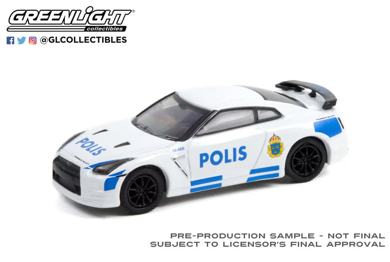White and blue police-themed model car in Hot Pursuit Series 40, 2014 Nissan GT-R
