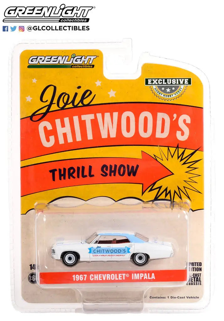 Die-cast model of a 1967 Chevrolet Impala in Joie Chitwoods Thrill Show packaging