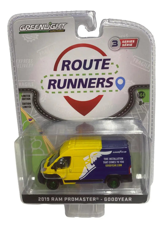 Yellow and blue 2019 Ram Promaster Goodyear delivery van die-cast model in packaging