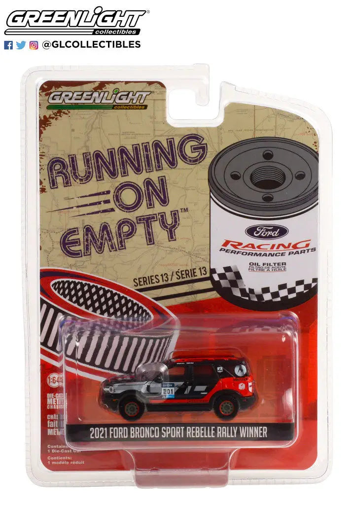 Die-cast model of a 2021 Ford Bronco Sport in packaging showcasing Ford Performance