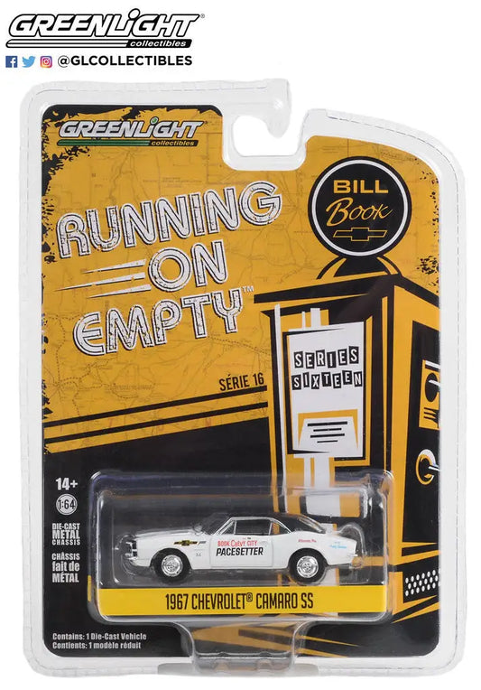 Die-cast model car of a 1967 Chevrolet Camaro SS in Running Empty packaging