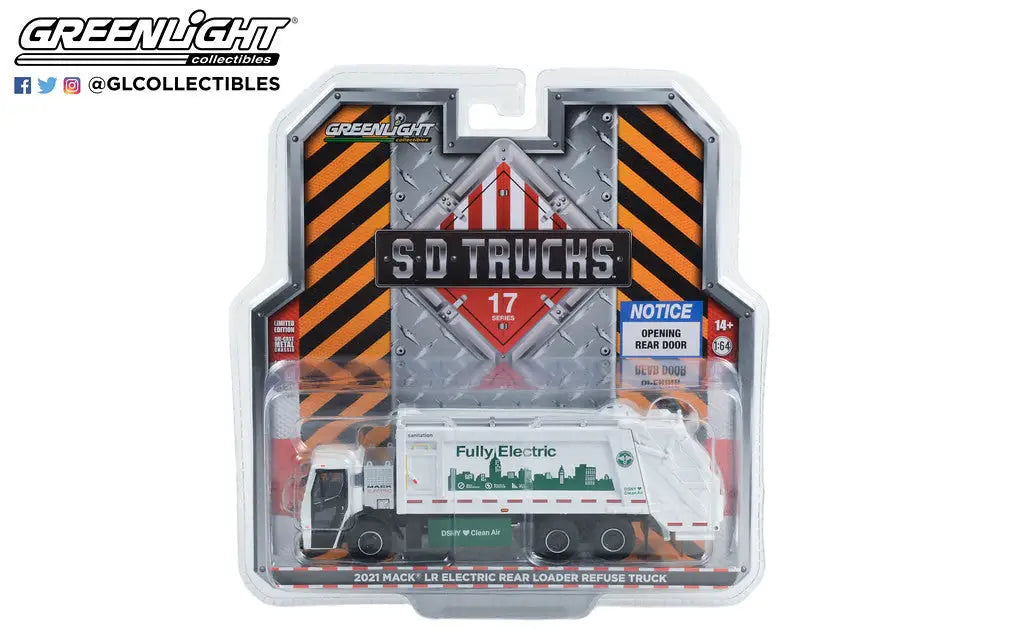 Die-cast model of a green and white Mack LR Electric rear loader truck in packaging