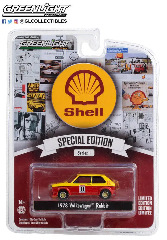 Die-cast model of a yellow 1978 Volkswagen Rabbit in Shell Edition Series packaging