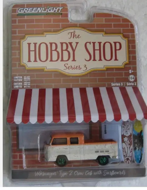 Greenlight Hobby Shop Series 3 Volkswagen Type 2 Crew Cab diecast model with surfboards