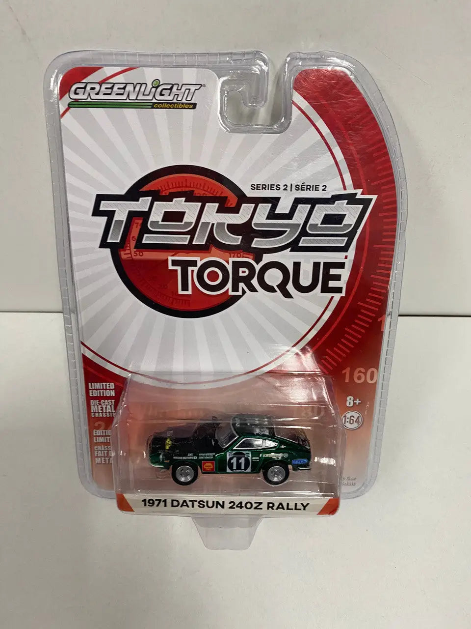 Packaged Greenlight 1:64 Tokyo Torque 1971 Datsun 24oz Rally Chase toy car
