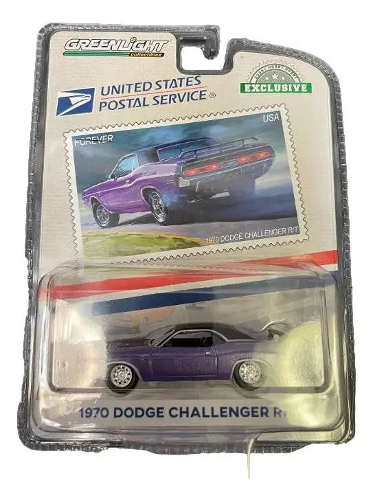 Purple 1970 Dodge Challenger R/T die-cast model in USPS stamp packaging for collectors