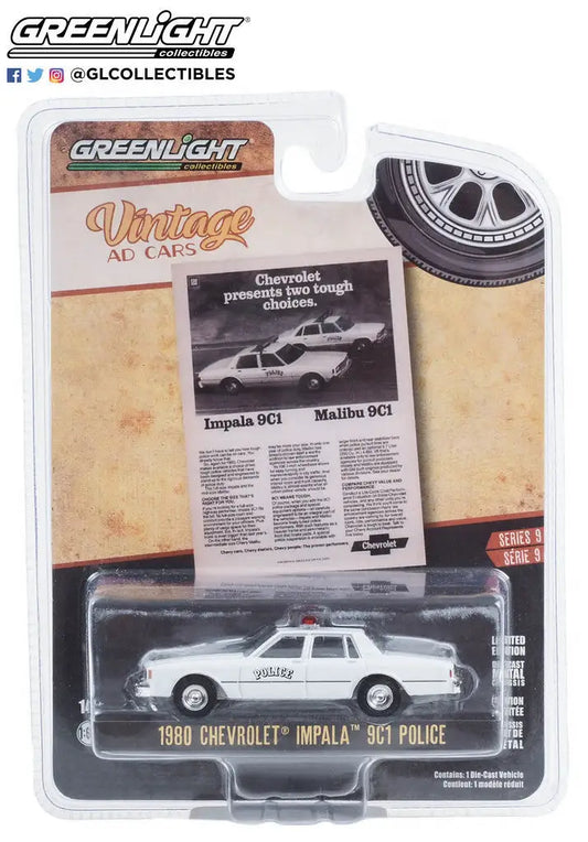 Die-cast model of a 1968 Chevrolet Impala 9C1 police car in packaging for vintage ad cars