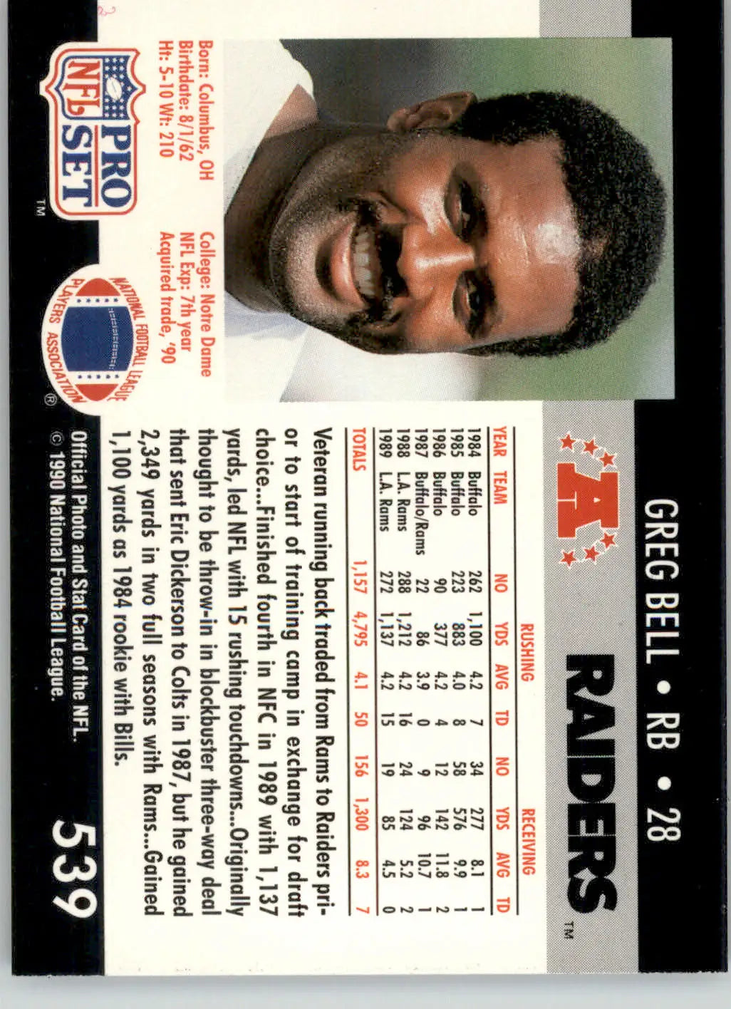 Greg Bell - 1990 Pro Set - #539 - Football - Football Card Single